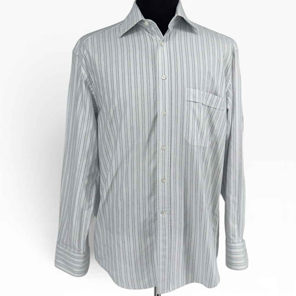 Canali Men's Dress Shirt Size 41 16 Gray White Striped Long Sleeve Button Front